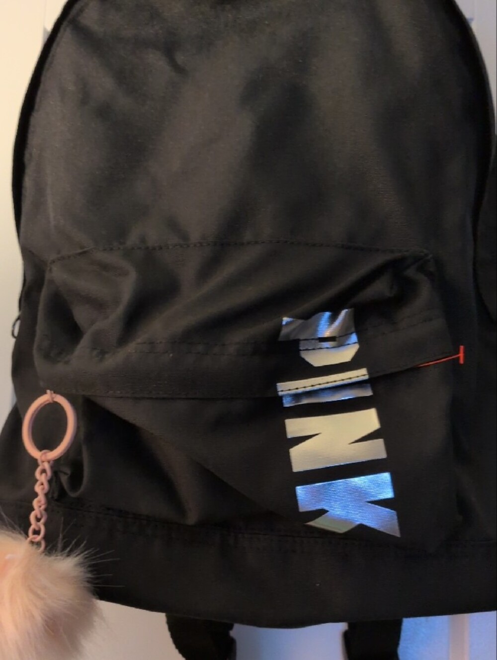 Pink Black Backpack with Pink Fur Pom Keychain - Picture 5 of 6